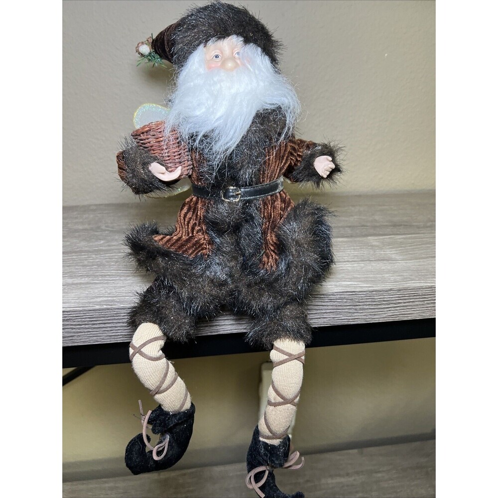 Christmas Santa Elf Fairy Shelf Sitter 16” Brown Fur Rustic Woodsy